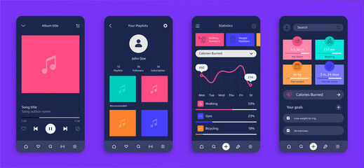 Wall Mural - mobile ui. realistic smartphone screens. modern interface design for musical and fitness application