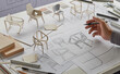 © Chaosamran_Studio - Designer sketching drawing design development product plan draft chair armchair Wingback Interior furniture prototype manufacturing production. designer studio concept .