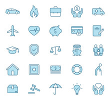 Insurance Flat Vector Icons In Two Colors Isolated On White Background. Insurance Blue Icon Set For Web Design, Ui, Mobile Apps And Print
