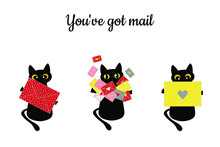 Black Cat And Envelope "You Have Mail". Holiday Card For Valentine's Day. Cheerful Vector Illustration For Printing On Cups, T-shirts, Gliders.