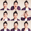 © khosrork - Collage of different facial expressions of beautiful young woman in casual style with red lips and hair bun. emotions and feelings concept. indoor studio shot, isolated on beige background.