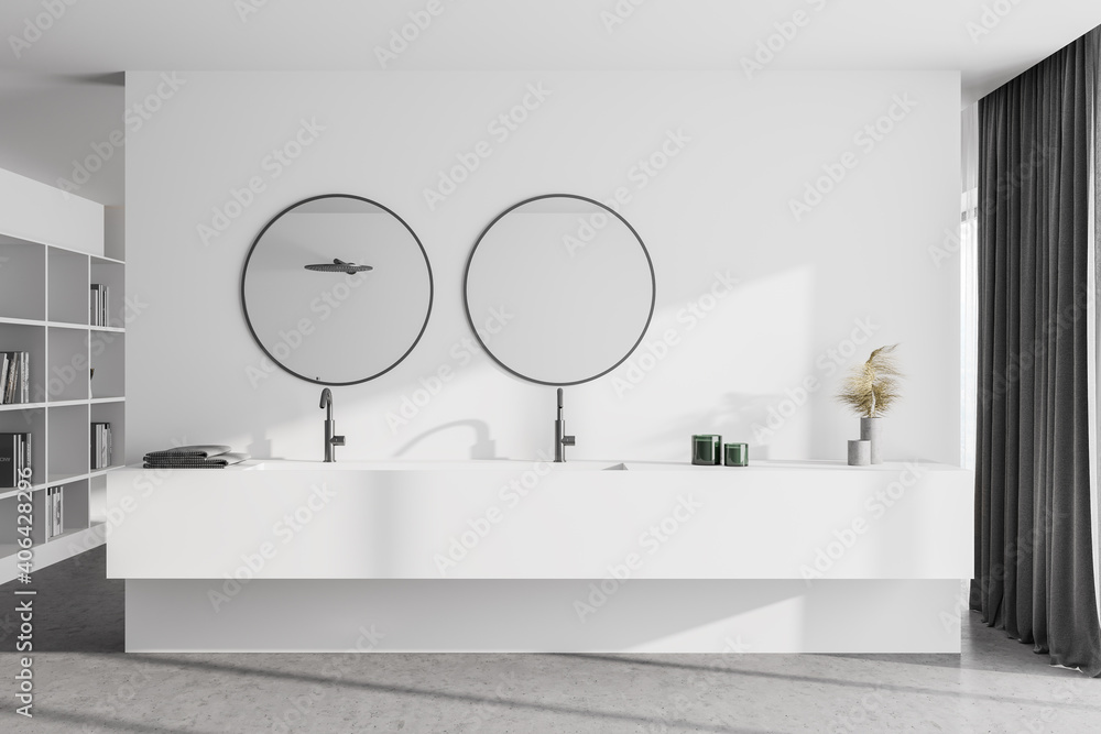 Double sink in white master bathroom interior - obrazy, fototapety, plakaty 