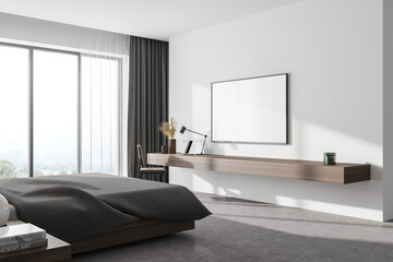 Modern white master bedroom interior with mock up TV screen