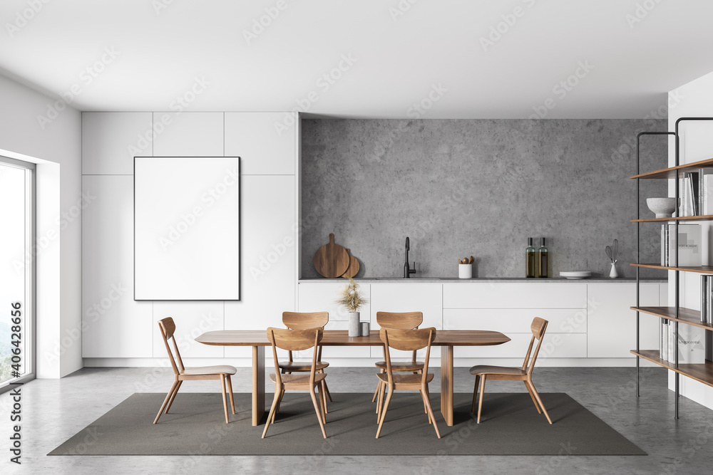 White and concrete kitchen with table and poster - obrazy, fototapety, plakaty 