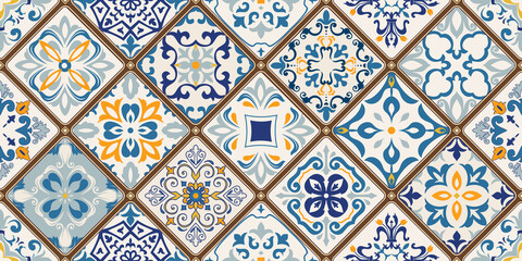 Seamless colorful patchwork tile with Islam, Arabic, Indian, ottoman motifs. Majolica pottery tile. Portuguese and Spain decor. Ceramic tile in talavera style. Vector illustration.