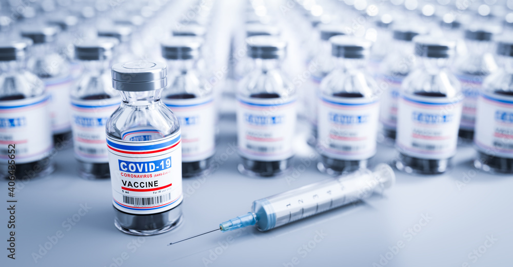 Coronavirus Covid-19 vaccine. Covid19 vaccination production and supply - obrazy, fototapety, plakaty 