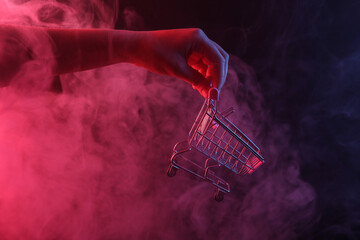 Wall Mural - Hand holding shopping trolley in dense smoke with red-purple neon light.