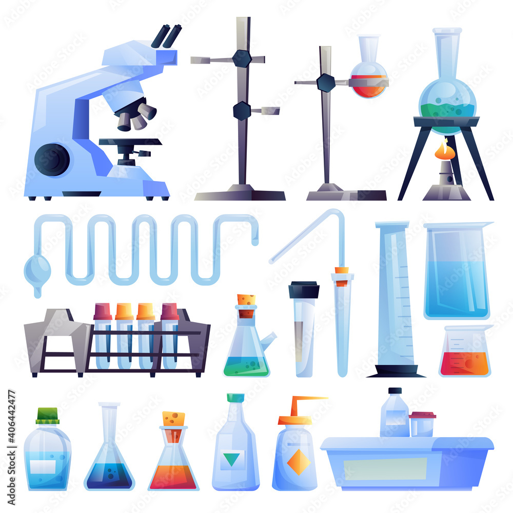 Science Collection Tools Animation Scientific research equipment isolated cartoon set. Vector test tube ...