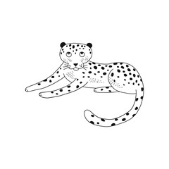  Cute wild spotted leopard cat isolated illustration. Cartoon jungle animal black and white childish graphic drawing Perfect for one colour silk screen printing t-shirt design