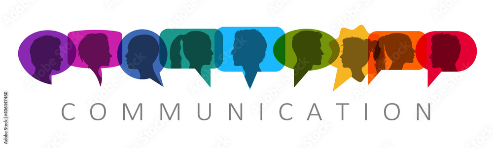 People speech, discussion, meeting, dialogue. Communicate on social networks concept. Silhouette heads people inside speech bubble communicating - stock vector - obrazy, fototapety, plakaty 