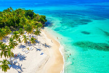 Aerial Drone View Of The Beautiful Small Island And Palm Trees Of Atlantic Ocean. Cayo Levantado Island, Samana, Dominican Republic