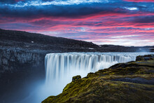 Colorful Sunrise On Dettifoss - Most Powerful Waterfall In Europe. Jokulsargljufur National Park, Iceland. Landscape Photography