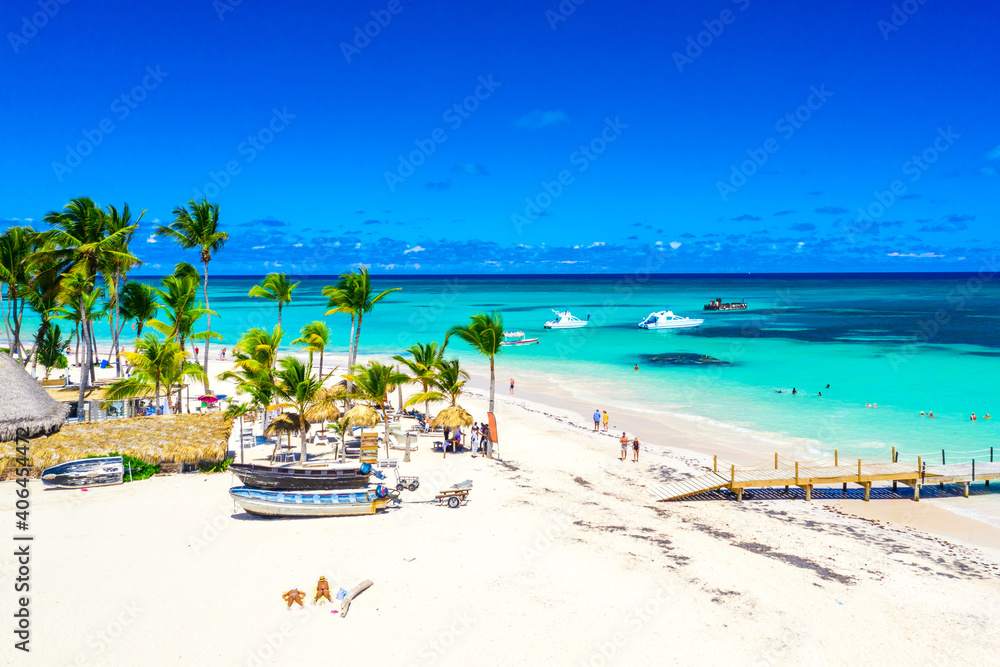 Aerial drone view of Bavaro Beach, Punta Cana resort in Dominican Republic. Travel and vacation background - obrazy, fototapety, plakaty 