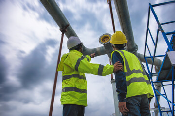 Two engineers wearing yellow mesh reflective safety vest discussed at the construction site and Pointing to the job.