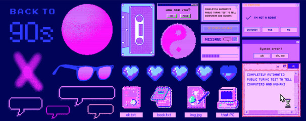 Wall Mural - 8-bit art message with pixel hearts. Vaporwave trendy retro user interface like in old operating systems.