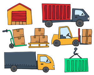 Colorful doodle logistic illustration collection. Colorful flat logistic icons set. Colorful doodle cargo illustration collection in vector.