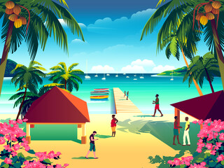 Tropical Island landscape with traditional houses, palm trees, yachts, flowers, islands and the sea in the background.