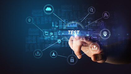 Hand touching TEST inscription, Cybersecurity concept