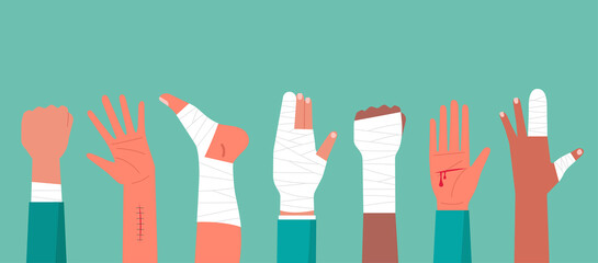 concept of the human hand trauma injury with cutting wound red blood on palm, the bandage on finger,