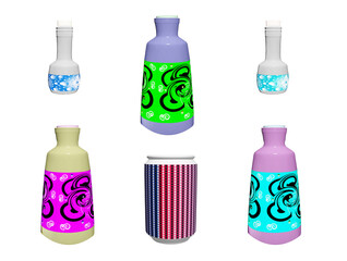 Set of closed liquid bottles with patterned labels. Illustration of a collection of objects in a white isolated background.