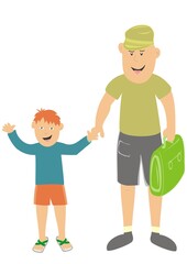 Wall Mural - Father and boy with school bag. First day in school, vector illustration.