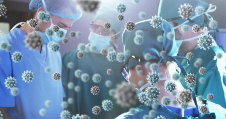 Sticker - Animation of 3d covid 19 cells floating over doctors wearing face masks