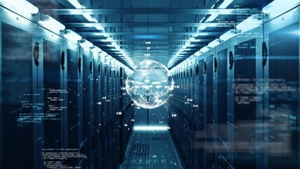 Animation of globe with data processing and network of connections over computer servers