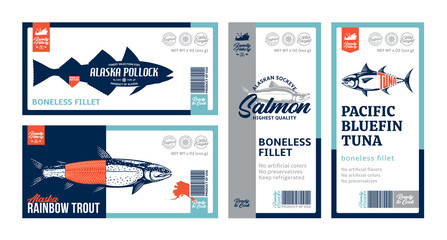 Wall Mural - Vector fish horizontal and vertical labels and packaging design concepts. Salmon, trout, tuna, and alaska pollock fish illustrations. Flat style seafood labels