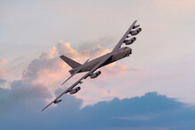 Boeing B52 United States Airforce (USAF) Heavy Nuclear Bomber Often Deployed For European Tension And Ukraine Turning To The Camera At Sunset. Recently Tested Hypersonic Missiles. 