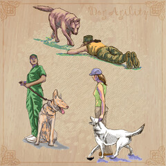 Canvas Print - Dog training. Collection. Pack of freehand vector sketches. Line art.