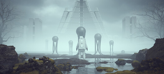 Wall Mural - Astronaut Alien Landscape Floating Aliens with Long Tentacles near a Foggy Abandoned Brutalist Style Architecture in the Distance 3d illustration render 