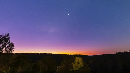 Wall Mural - awe time lapse view of the sky going from sunset to night at an amazing scenery inside a forest. a c