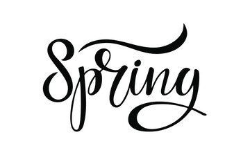 Wall Mural - Spring calligraphy lettering isolated black on white. Hand drawn design for banner, flyer, brochure, card, poster. Spring time illustration. For greeting card, invitation of seasonal spring holiday.