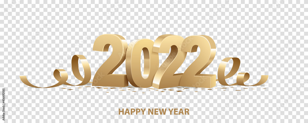 Happy New Year 2022. Golden 3D numbers with ribbons and confetti ...