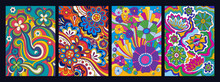 Psychedelic Color Abstract Floral Backgrounds, 1960s Hippie Art Style Set