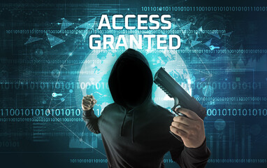 Faceless hacker at work with ACCESS GRANTED inscription, Computer security concept