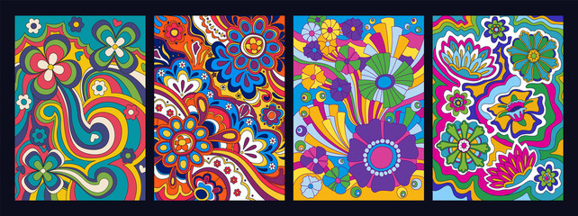 Wall Mural - psychedelic color abstract floral backgrounds, 1960s hippie art style set