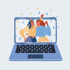 Wall Mural - Vector illustration of two bestie friends celebration something on display of laptop on white background. Two young happy woman congratulations someone online. Messenger connect people concept