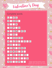 Valentine's Day Complete Words. Educational Game For Children About Holiday. Printable Worksheet About Love For Adults And Children. 