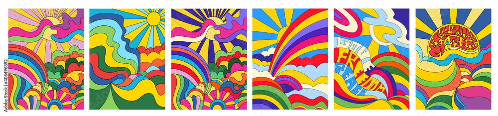 Set of 6 brightly colored psychedelic landscapes - obrazy, fototapety, plakaty 