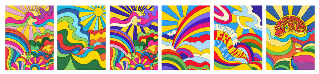 set of 6 brightly colored psychedelic landscapes