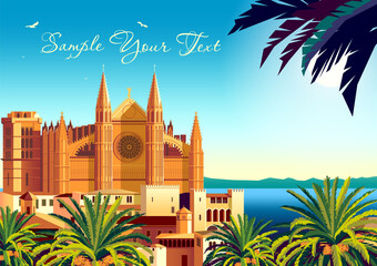 Wall Mural - Summer mediterranean cityscape with traditional houses, bell tower, cathedral, palm trees and sea in the background.