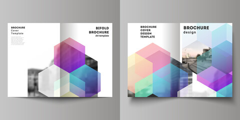 Vector layout of two A4 format cover mockups design templates with colorful hexagons, geometric shapes, tech background for bifold brochure, flyer, magazine, cover design, book design, brochure cover.