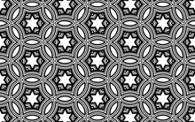 Ethnic Geometric Background In Indian Doodling Style. Abstract Black White Template. Patterned Isolated Texture With Stars For Coloring Book, Textile, Stained Glass For Design.