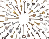 Fototapeta Tulipany - Background of assorted old multi-colored metal antique keys of different shapes. Home security concept.