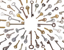 Background Of Assorted Old Multi-colored Metal Antique Keys Of Different Shapes. Home Security Concept.