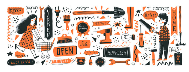 Consumers in DIY store. Banner template. Vector illustration of instruments for home renovation and shop departments in a flat style with hand drawn lettering. Perfect for hardware store ads