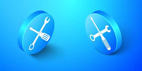 Wall Mural - Isometric Spanner and screwdriver tools icon isolated on blue background. Service tool symbol. Blue circle button. Vector.