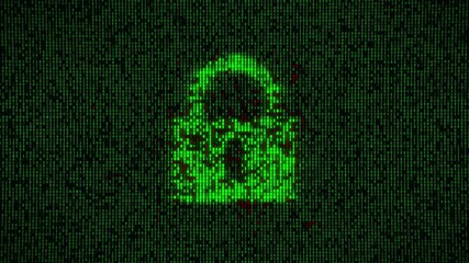 Digital futuristic binary code security lock is hacked in a data breach on green