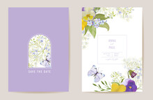 Wedding Violet Pansy Floral Save The Date Set. Vector Purple Spring Flowers Boho Invitation Card